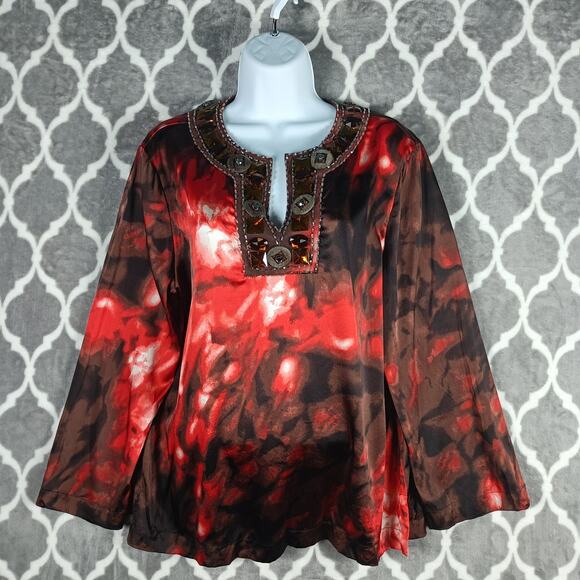 St. John Blouse Womens Large Red Brown Silk Stretch Beaded Jeweled Split Neck - Picture 1 of 12
